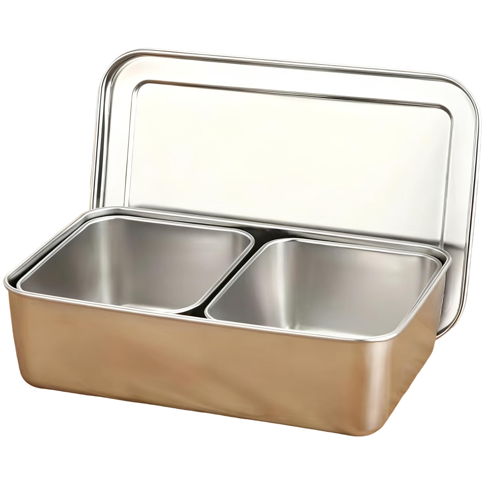 Boîte à assaisonnement en inox, inserts à 2 compartiments, récipient couvert pour garnitures de gelée glacée, nouilles froides, salades de fruits, usage commercial et domestique, 22,1 x 14,5 x 7,1 cm