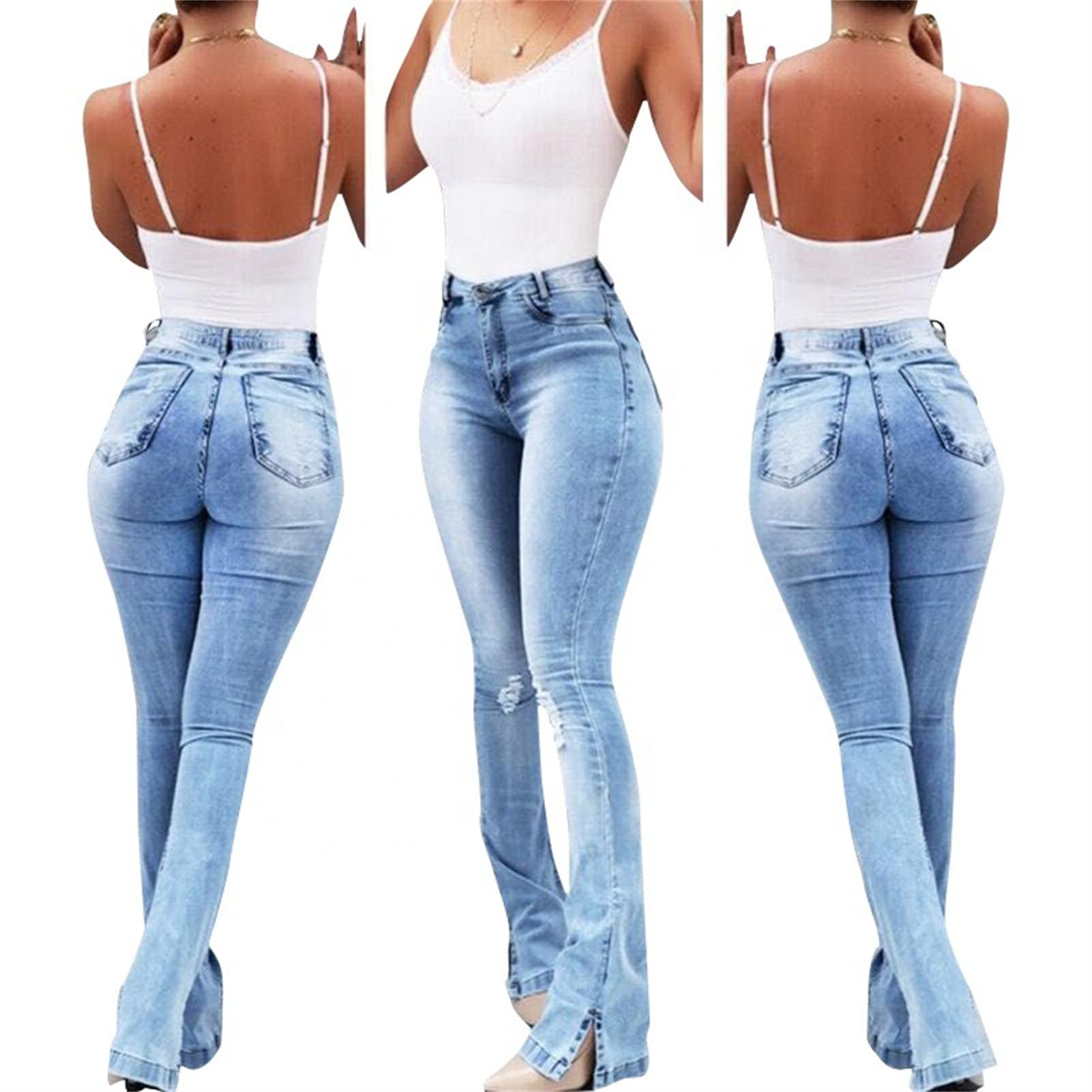 Women Skinny Ripped Bell Bottom Jeans High Waisted Split Hem Flared Denim Pants Distressed Wide Leg Jean Trouser (Light Blue,Medium)