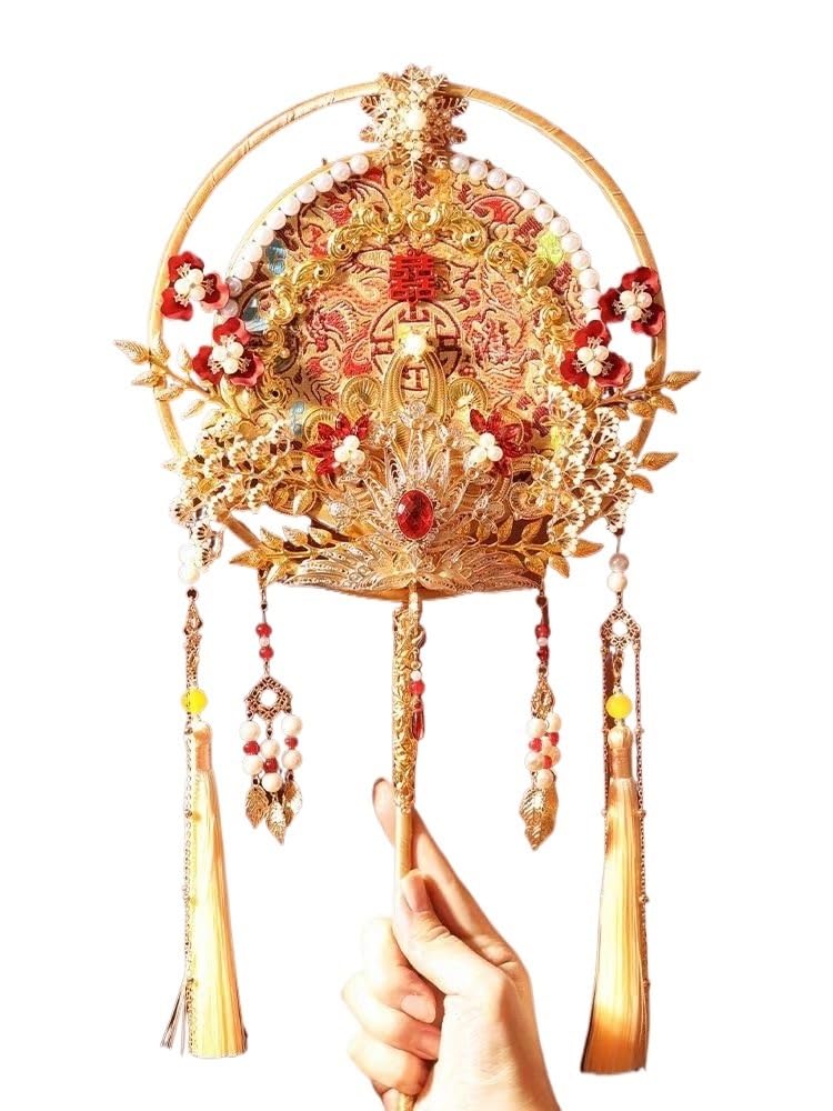 Chiński styl Vintage Fan, ręczny składany wentylator, chiński starożytny wentylator ręczny, wentylator ślubny, okrągły wentylator ślubny, chińskie ubrania, okrągły wentylator panny młodej, rzemiosło D