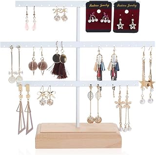 Cosaving Earrings Organizer Earring Organizer Stand Earring Display Stand Earrings Holder Stand 3 Tier - Jewelry Earring Stand Organizer with Wood Tray, White…