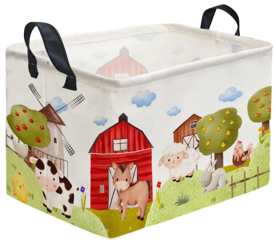 Sanjiaofen Rectangular Kids Baskets,Farm Baskets for Kids .Waterproof PE Coating Cute Basket with Handles.Boys Bins,Gifts Box,Books Basket. (Farm)