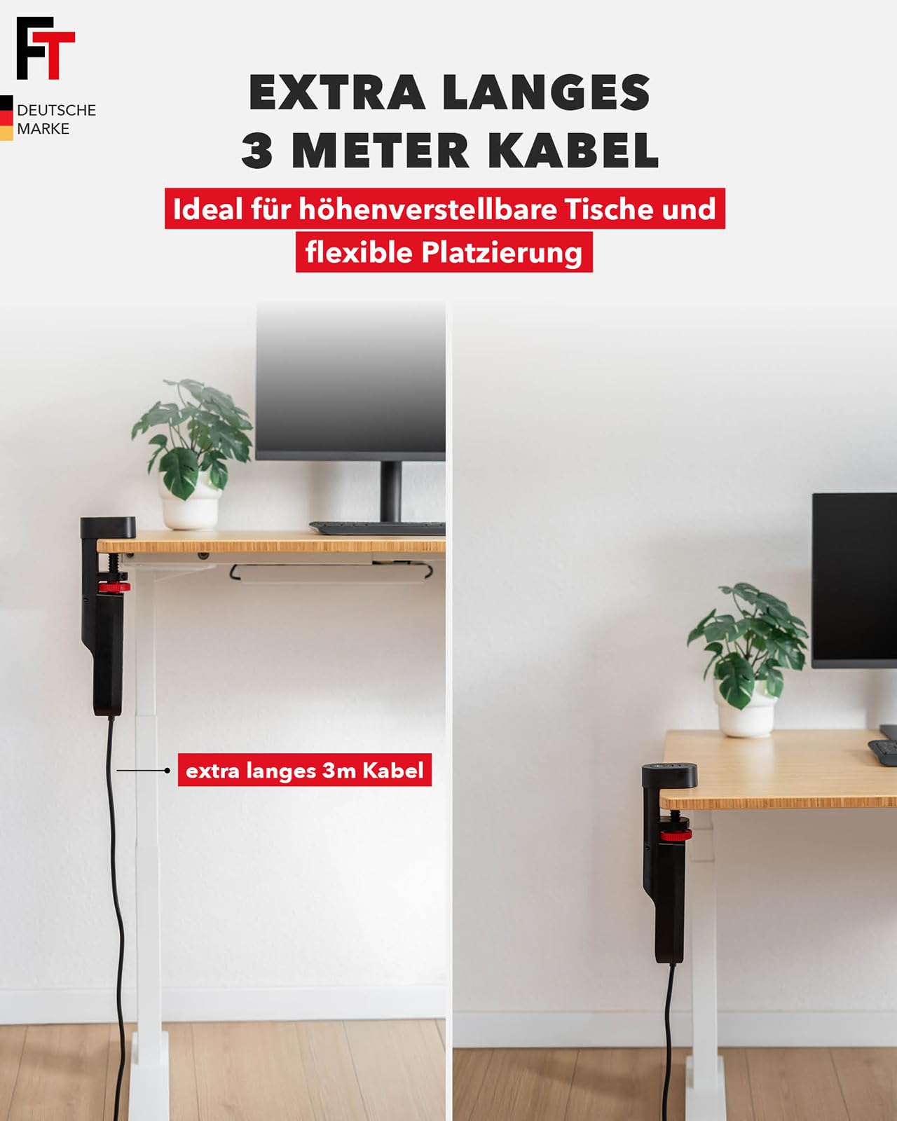FeinTech MD833 Tischsteckdose klemmbar 3 Fach Steckdose mit 2X USB und 1x USB-C PD (20W), Steckdosenleiste Schreibtisch mit Schalter, 3m Kabel, schwarz