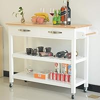 Vista 6 de HAUSHECK Isla de cocina rodante y carrito de cocina con 2 cajones, 2 estantes de almacenamiento, toallero y dos ruedas giratorias con bloqueo, mesa