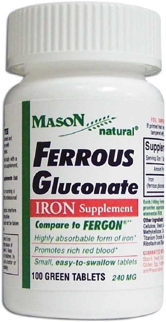 Mason Vitamins Iron Ferrous Gluconate 240Mg Tablets, 100 Count per Bottle Pack of 12 Total 1200 Tablets