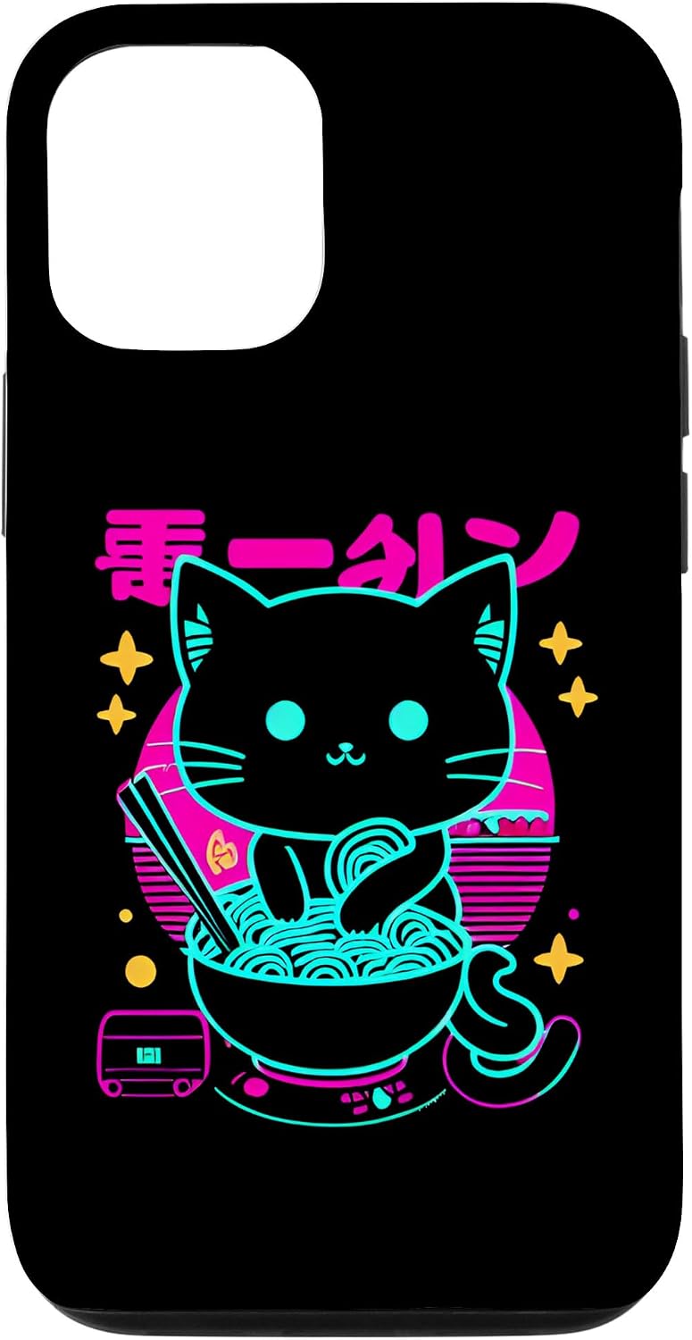 iPhone 15 Pro Kawaii Anime Cat Eating Ramen 80's Synthwave Product Case