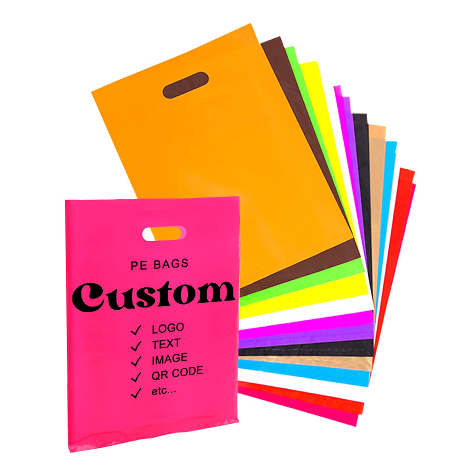 Gicohi Custom 100PCS Printed Plastic Shopping Bags for Boutique, Polypropylene PE Logo Plastic Pouches, Multicolor Retail Wholesale Pop Up Shop Bags, Merchandise Bags with Logo for Business (100)