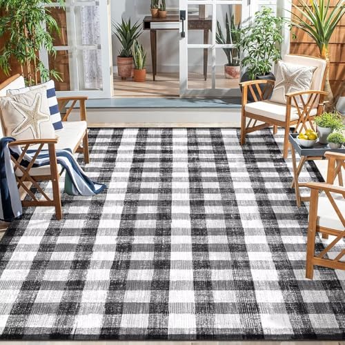 Image of Checkered Area Rug, 8x10, Black and White | Washable, Non Slip, Modern Neutral, For Living Room Bedroom Office Patio Dining Room