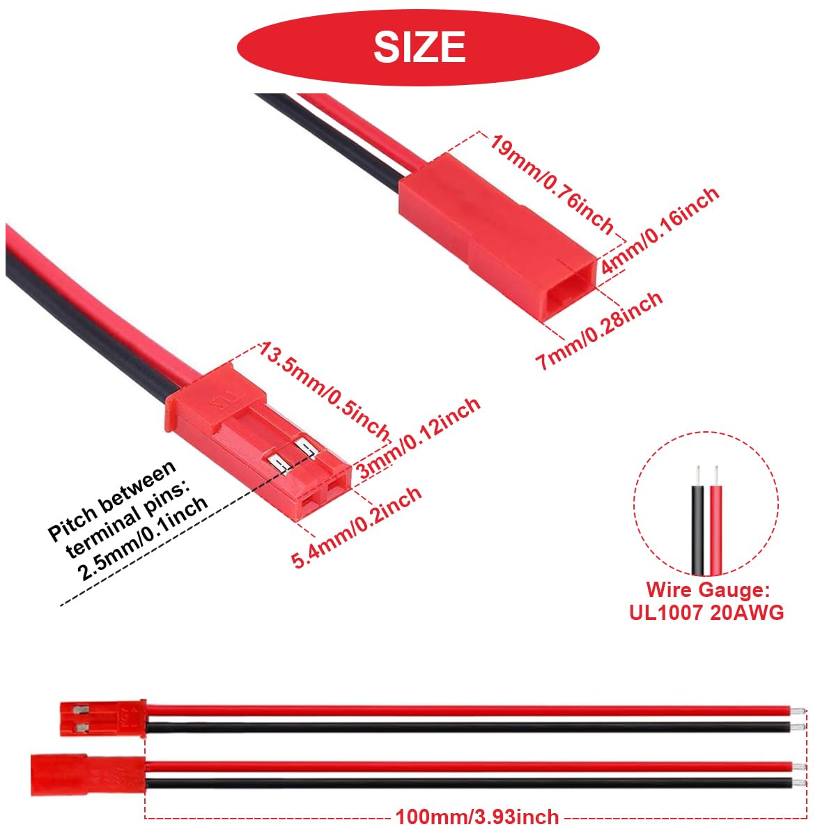 10 Paar JST SYP 2,5 Mm 2-polige Stecker & Buchsen Kabel – Mit UL1007 20AWG Draht, 100 Mm Länge | Für LED-Streifen, RC-Spielzeug, Batterien