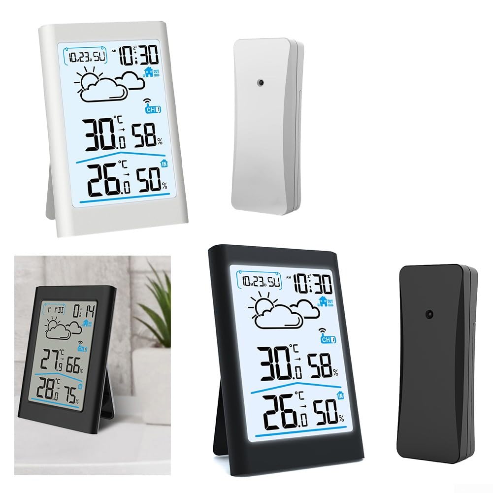 Bezprzewodowa stacja pogodowa, cyfrowy termometr wewnętrzny i zewnętrzny, cyfrowy czujnik wilgotności i termometru z wyświetlaczem LCD(Black)