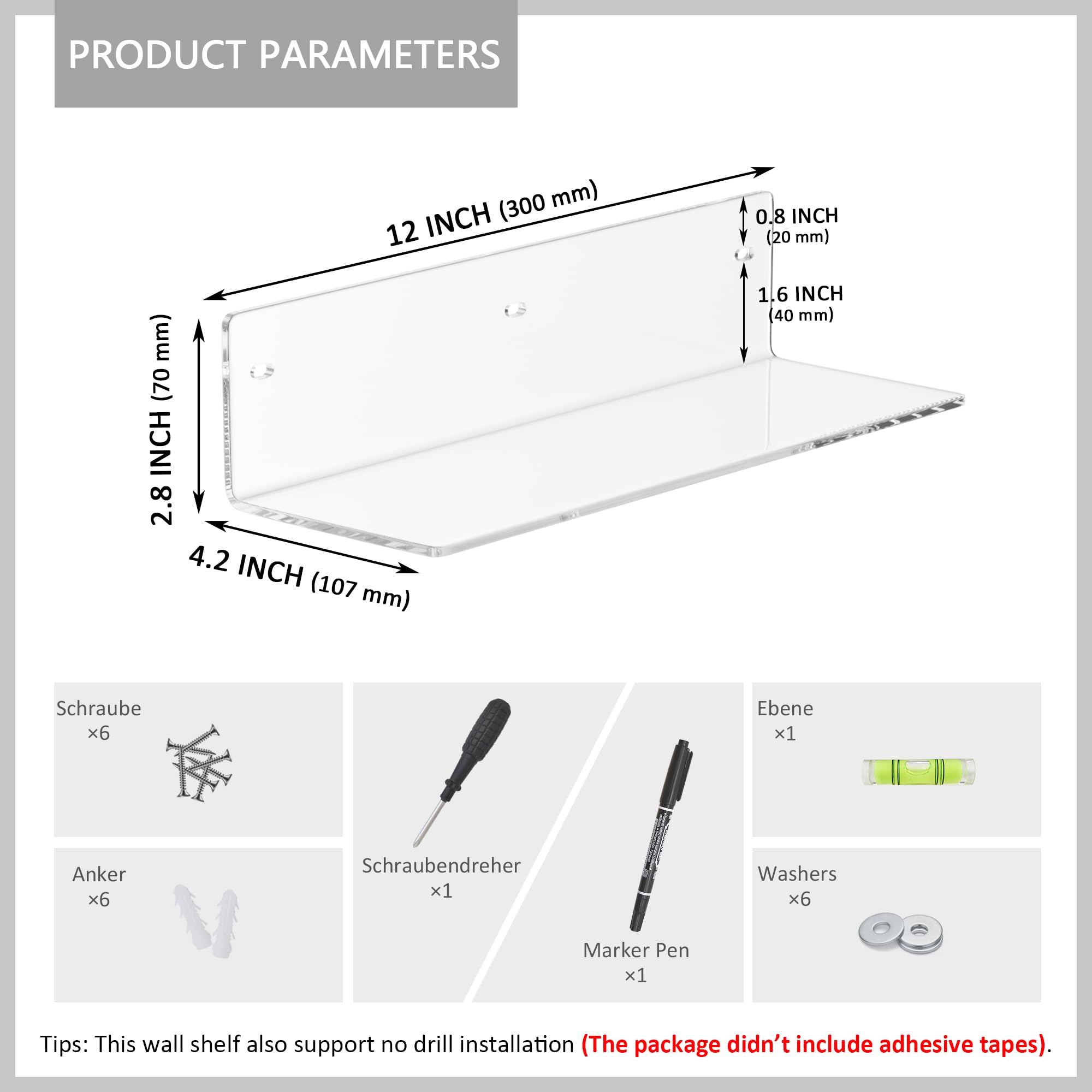Sezanrpt 12 Inches Clear Wall Shelves, Moisture-proof, Acrylic Bathroom Wall Shelves - Image 2