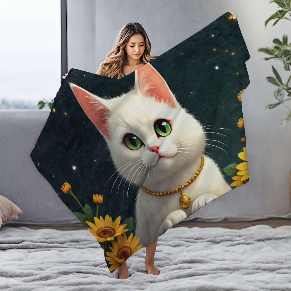 Couverture flanelle chat blanc et tournesols grand lit 125x150 cm