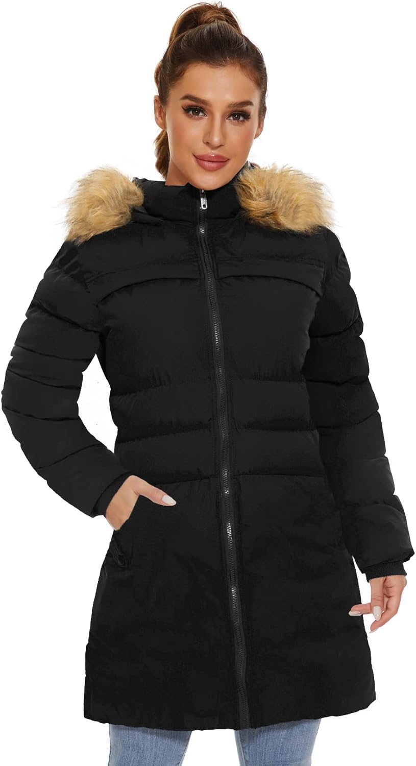 CHERFLY Women's Winter Puffer Coat Heavy Warm Long Parka Down Jacket with Fur Hood