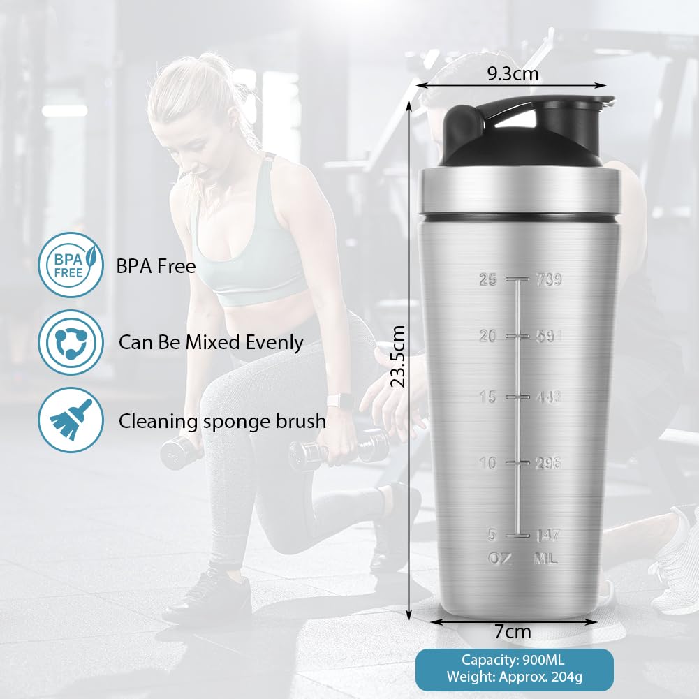 AOOWU Shaker à protéines en acier inoxydable, 900 ml, avec graduation, balle de mixage et brosse en mousse, Shakers – Sans BPA, anti-fuite, durable et sans odeur, pour protéines, régime, milk-shakes
