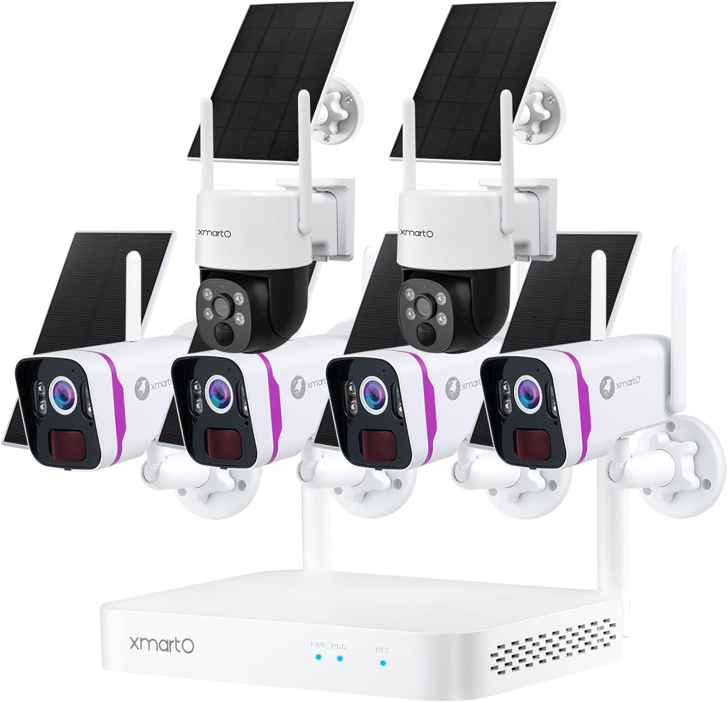 XMARTO 2K HD Wire-Free Solar Home Security Camera System Wireless, 6-Camera Set with 4 Bullet Cameras & 2 Starlight Night Color PTZ Solar Cameras