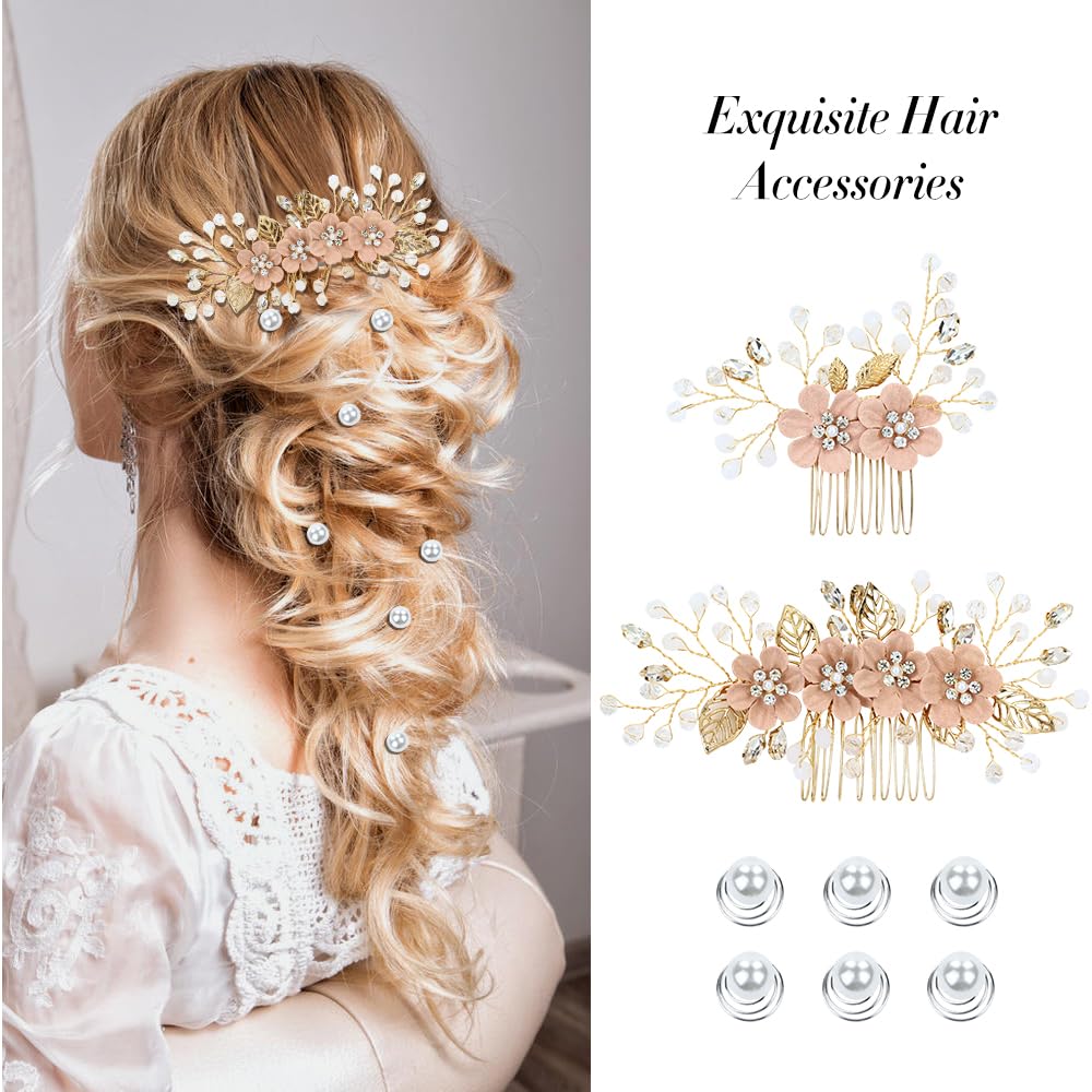 20 Pieces Bridal Wedding Party Prom Rhinestone Pearl Pink Flower Hair Side Combs Slides+U-shaped Flower Hair Pins+ Twist Spiral Pearl Hair Pins Headpieces for Brides Bridesmaids Women Girls - Image 4