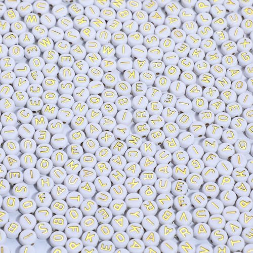 600pcs Acrylic Letter Beads Alphabet Gold Letters White Round Bead 4x7mm for Friendship Bracelets and Gifts Souvenir Jewelry Making
