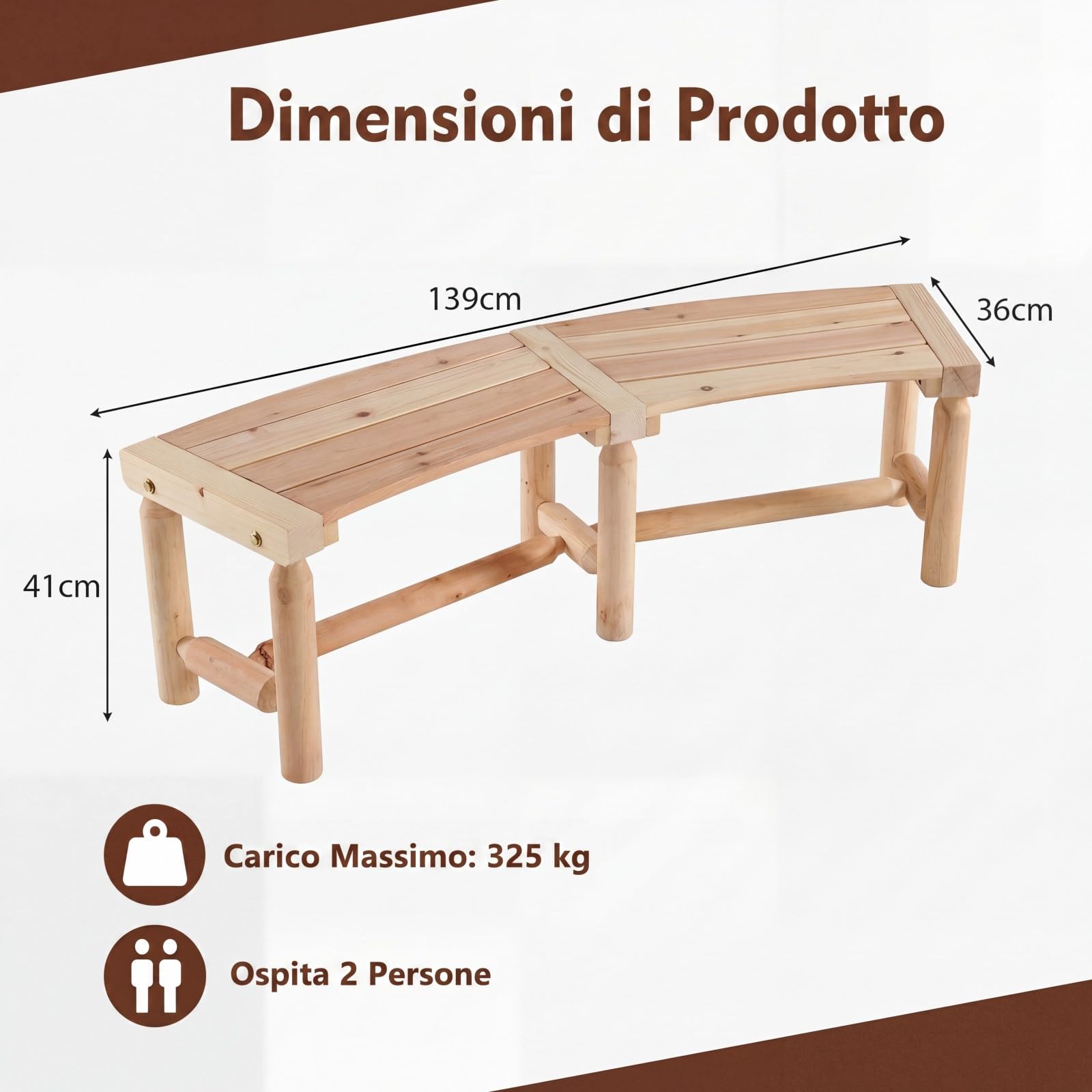 COSTWAY Panchina da Esterno in Legno per 2-3 Persone, Portata 325 kg, Panca Curva con Sedile Ampio e a Doghe, Panchina da Balcone, Giardino e Cortile (Naturale)