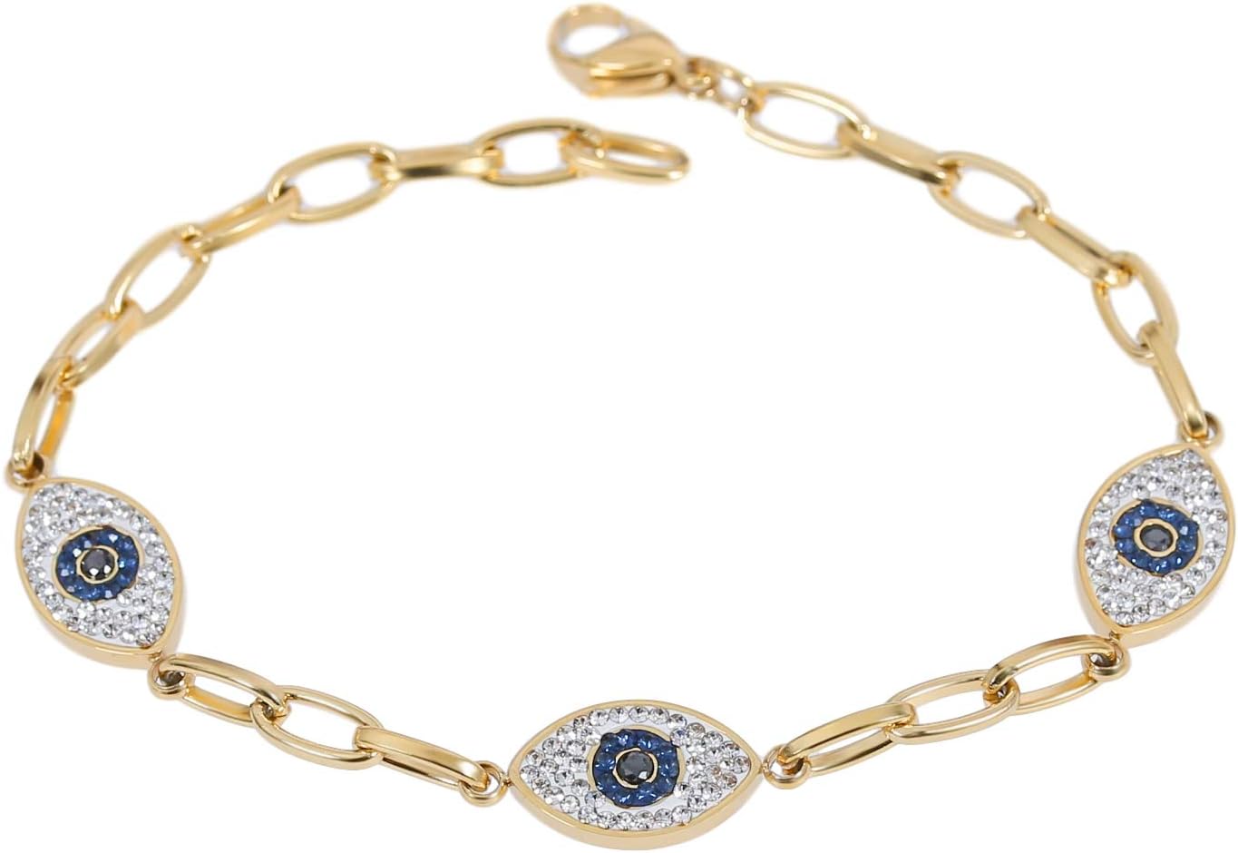 MOONSTONE Women’s and Ladies Fashion Jewelry Classic Triple Multiple Cubic Zirconia Evil Eye Link Chain Bracelet Accessories