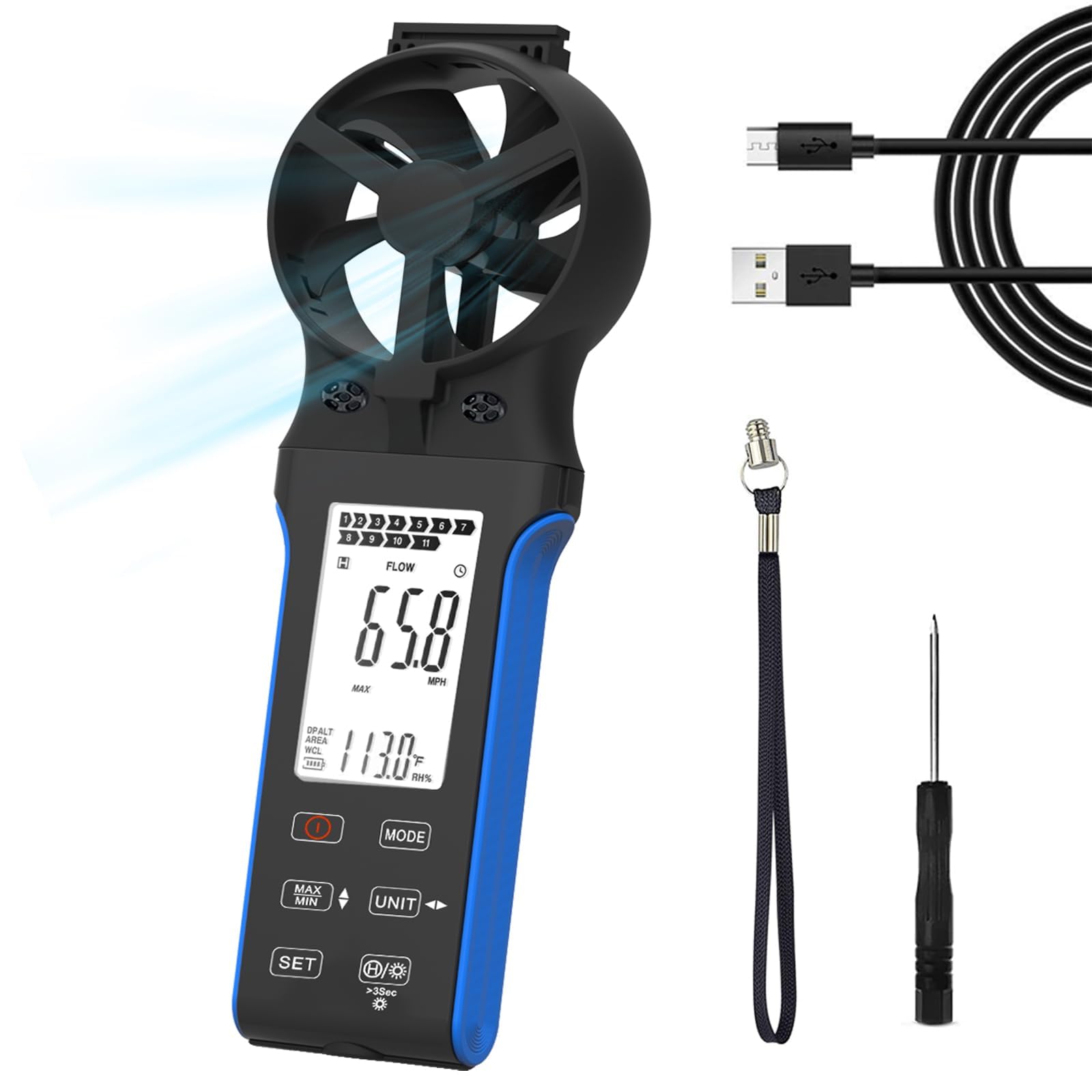 Digital Anemometer CFM CMM CMS Luftstrom-Geschwindigkeitsmesser LCD Hintergrundbeleuchtet Windgeschwindigkeit Windtemperatur HLK Windmesser 270° drehbarer Sensor