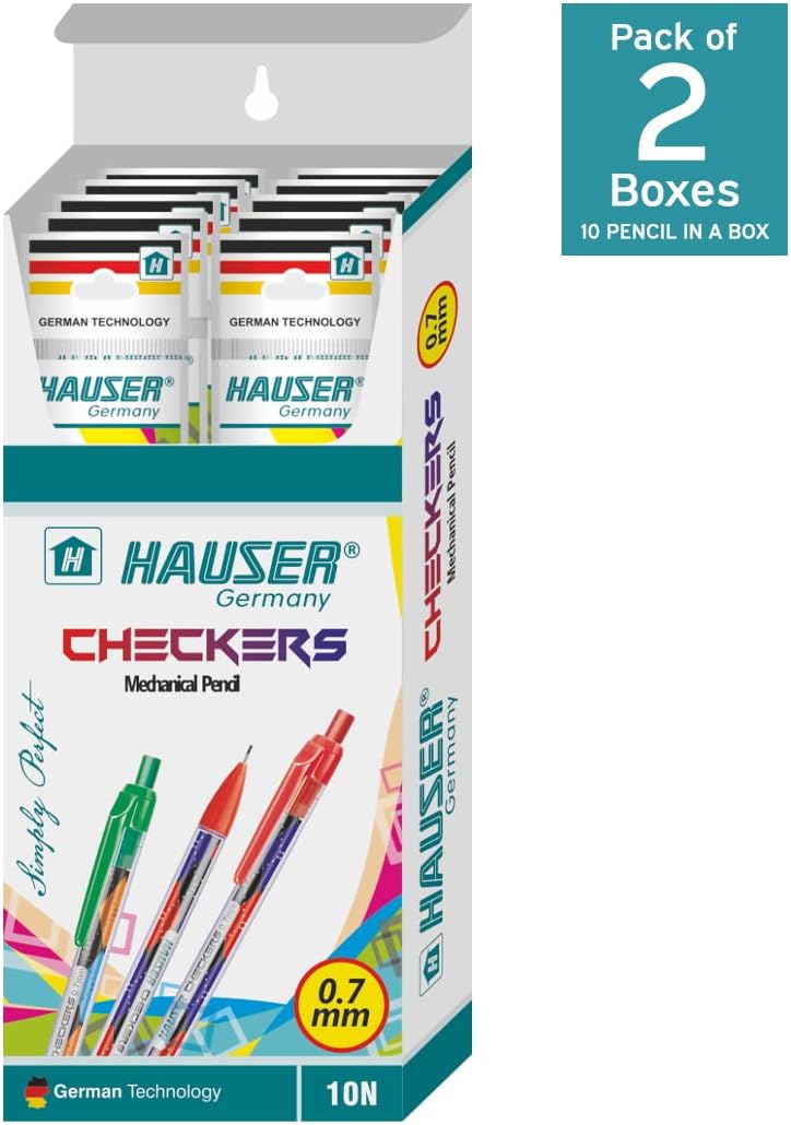 Hauser Checkers 0.7Mm Mechanical Pencil Box Pack|German Technology|Continuous Writing Sliding Sleeve|Specially Designed Grip For Comfortable Writing|Pack Of 20 Mechanical Pencils|Multicolor