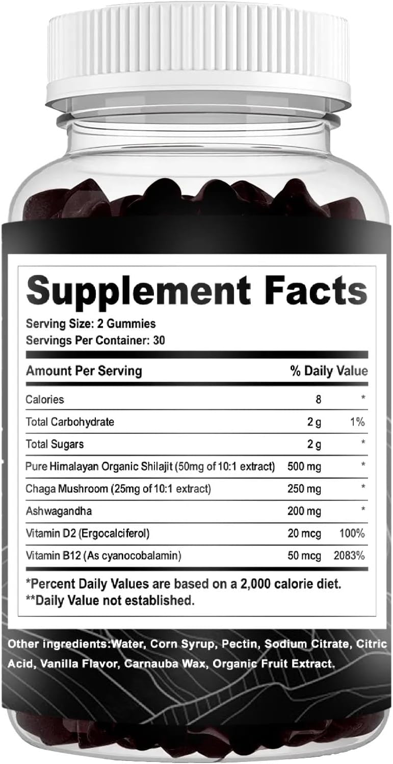 Pure Himalayan Shilajit Gummies with Ashwagandha and Chaga Mushrooms, Vitamin D2 and B12, Fulvic Acid and 85+ Trace Minerals | Plant-Based, Vegan, Gluten Free | 60 Gummies - 30 Servings