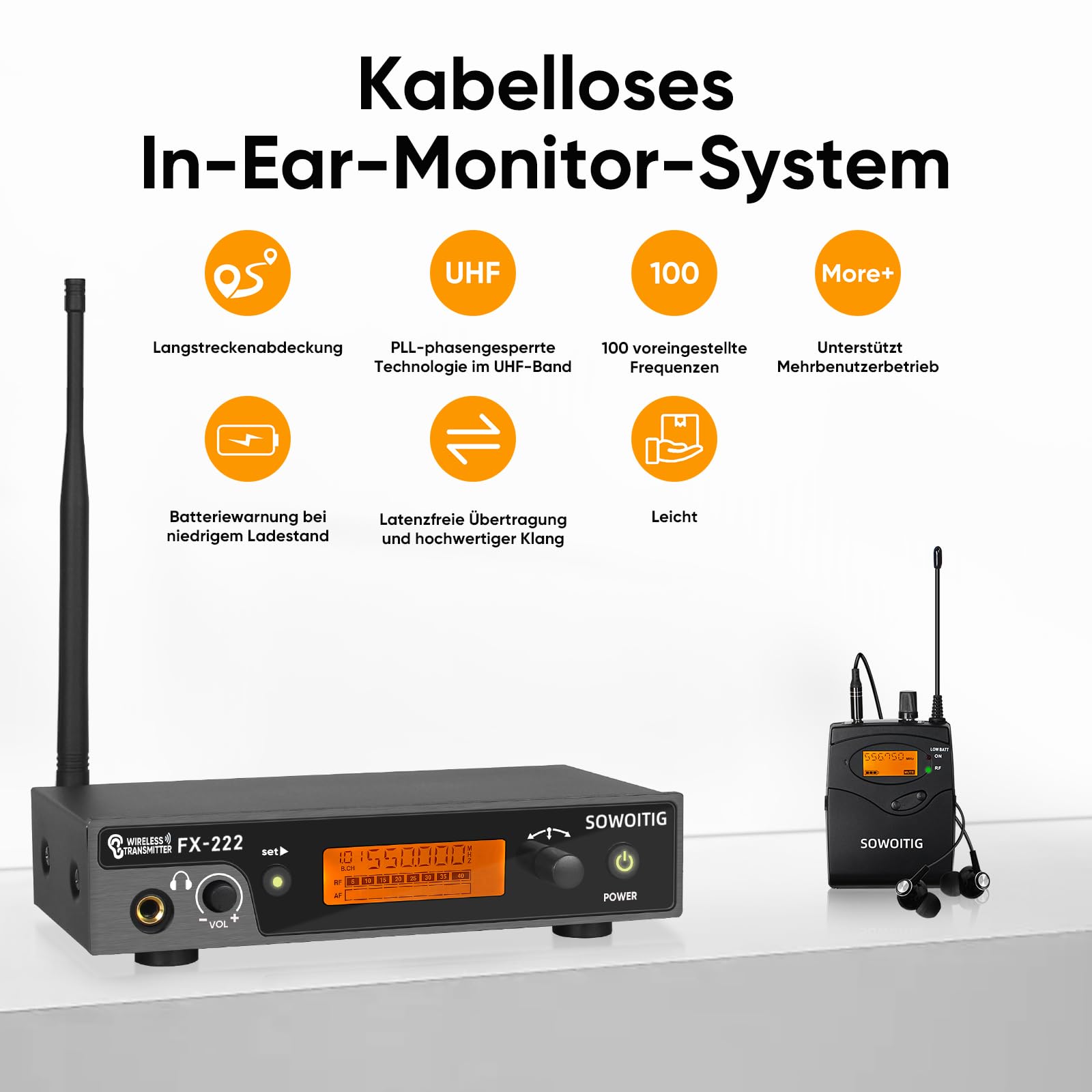 Kabelloses In-Ear-Monitoring-System – Professionelles UHF-IEM-System (Mono) mit Rackmount-Metall-Sender, 1 Bodypack-Empfänger mit Ohrhörer, 100 Frequenzen, 80 m Reichweite für Sänger & Bands