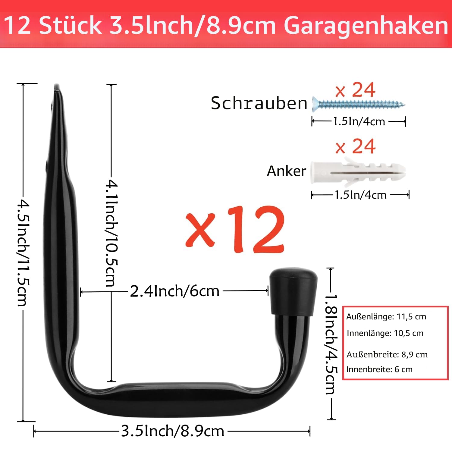 12 Stück Werkzeug Garage Haken, Garten Werkzeug Aufbewahrung Organizer, Heavy Duty Garage Wandhalterung Aufhänger Haken für Schläuche, Fahrräder, Rasenmäher (schwarz, 11,5 cm x 8,9 cm)