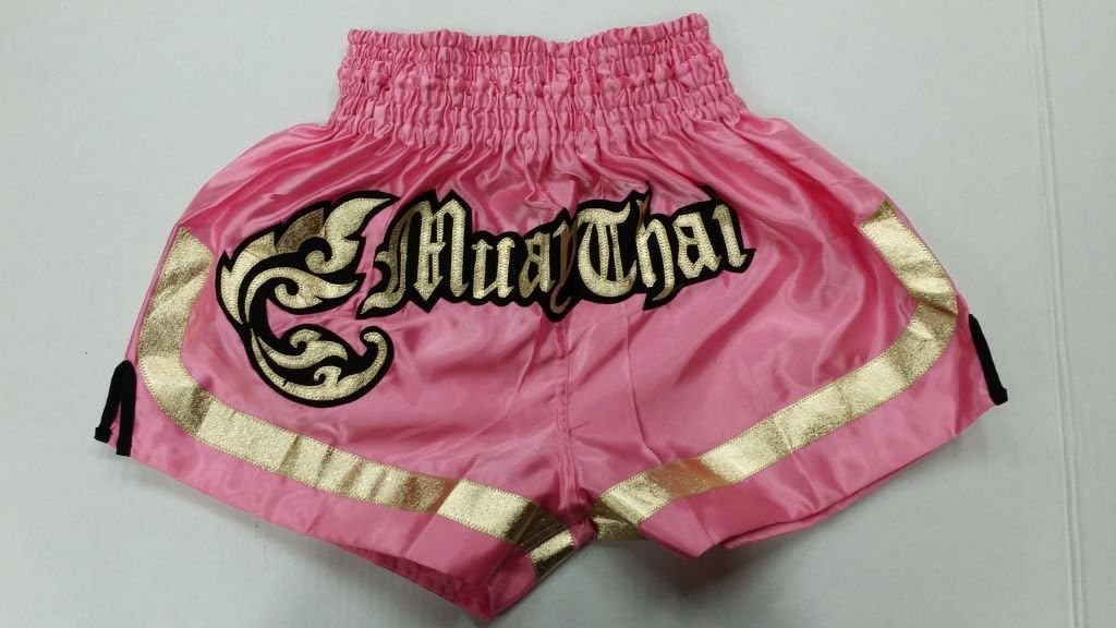 MMA Boxing Muay Thai Shorts in Satin Royal Pink Gold cutt Letters