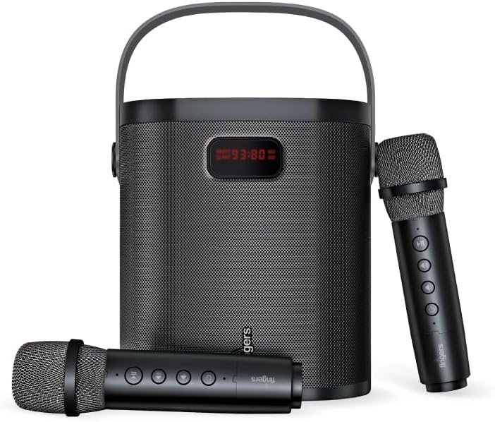 2Mic-GrooveBox Portable Speaker with 2 Wireless Mics (6.5-Hour Playback, 20 W Intense Bass, Recording Feature, Bluetooth | USB | MicroSD | FM Radio | AUX) Rich Black