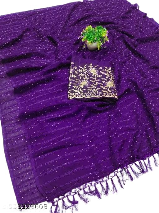 Women's Printed Chiffon Saree with Unstitched Blouse Piece, Soft Lightweight Fabric-Purple-picture-19