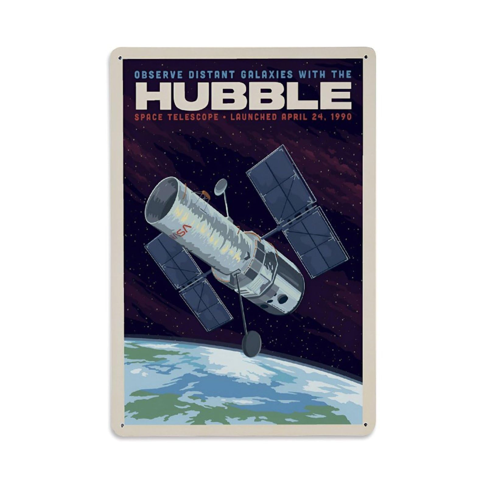 Vintage Space Poster NASA 1990 Hubble Space Telescope Metal Tin Sign Wall Decor for Cafe, Club, Garden Metal Poster 8x12Inch
