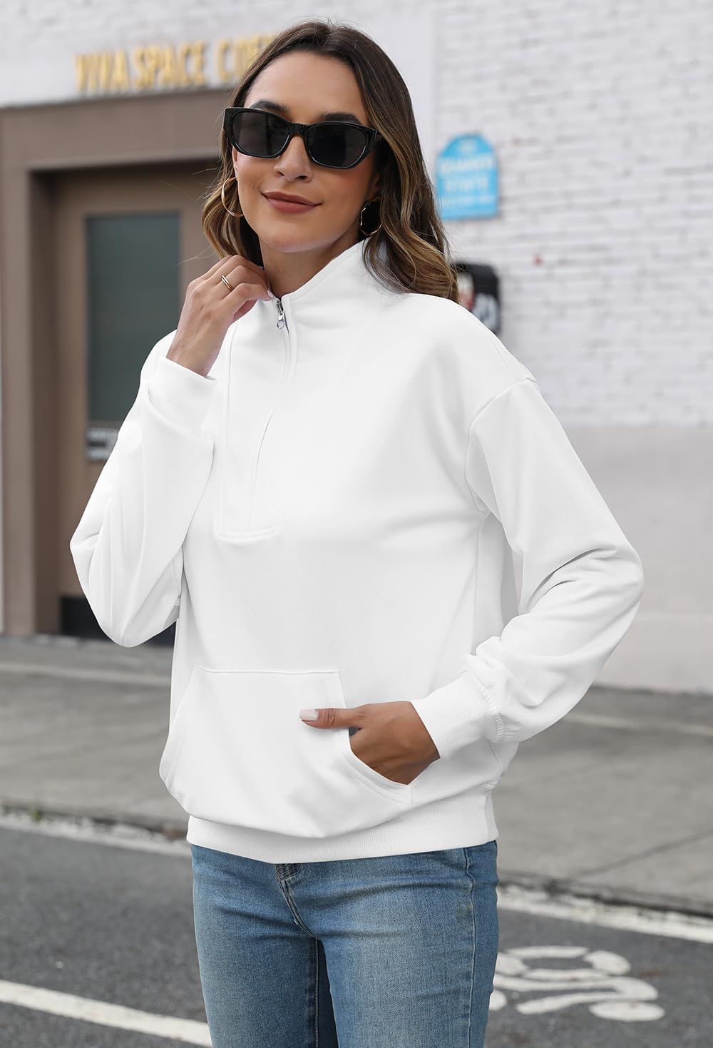 YeGine Womens Sweatshirt Oversized Quarter Zip Pullover Half Zip Long Sleeve Top - Image 2