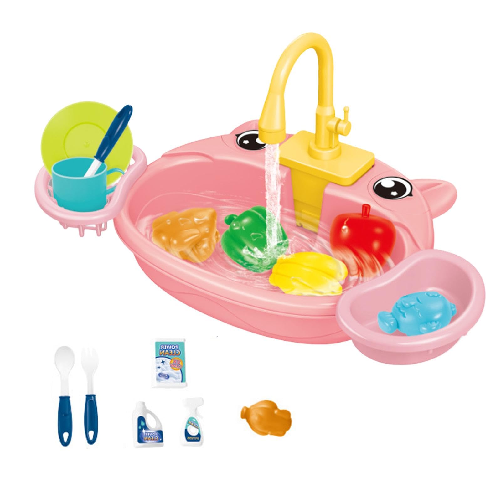 Kitchen Lavandino Giocattolo Set Bambini Simulazione Lavastoviglie Giocattolo Accessori Cucina Funzione Circolazione Acqua Adatto per Gioco, Maiale Rosa