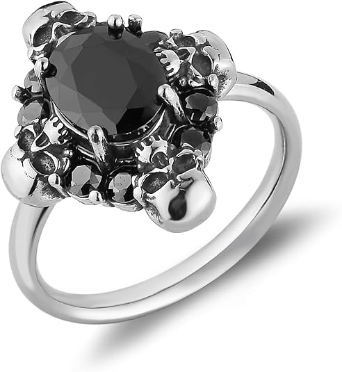 HZMAN Stainless Steel Skull Black Onyx Statement Ring for Men Women