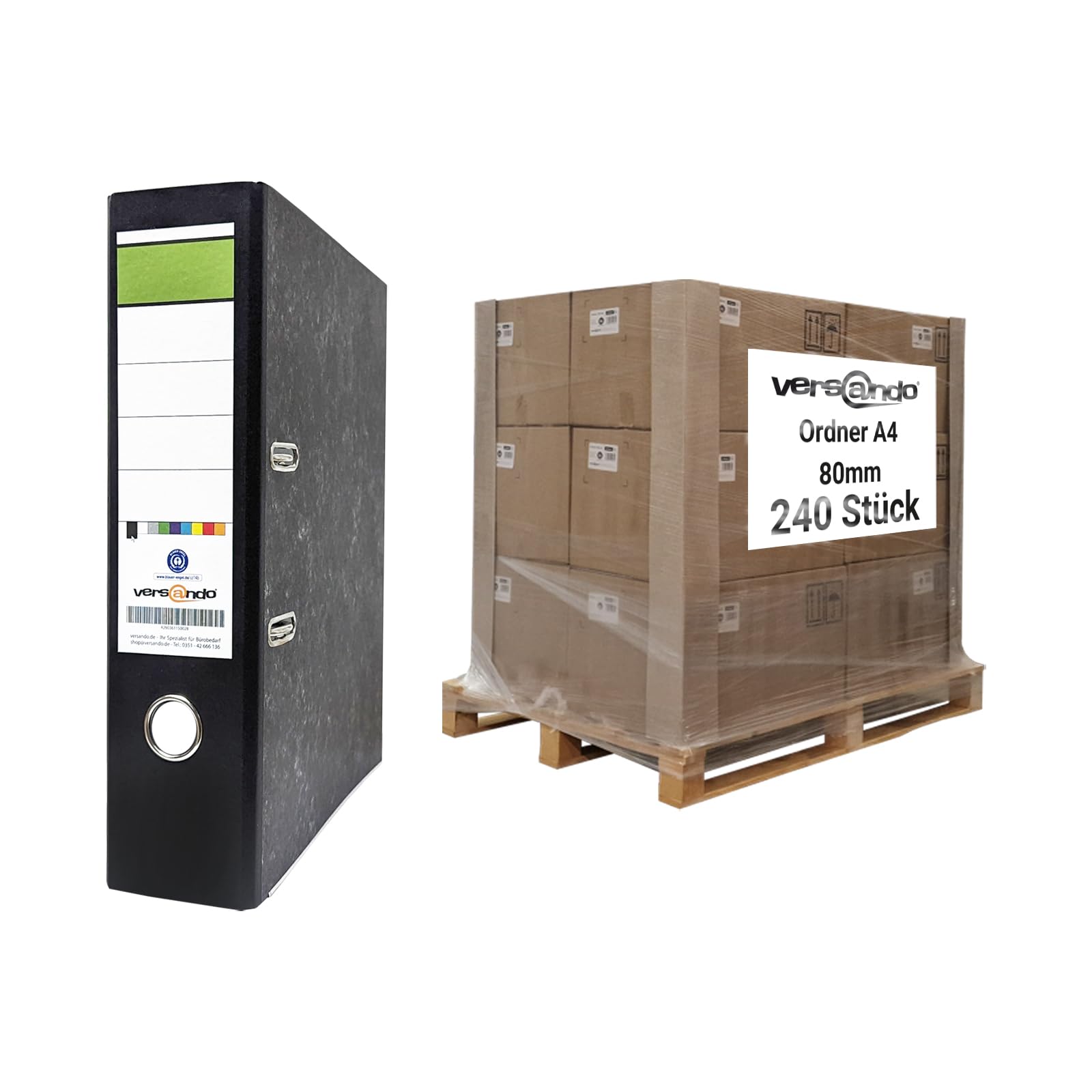 versando 240 raccoglitori di alta qualità, formato DIN A4, dorso 8 cm, | raccoglitori ad anelli, certificato con angelo blu, nero (1/2 pallet)