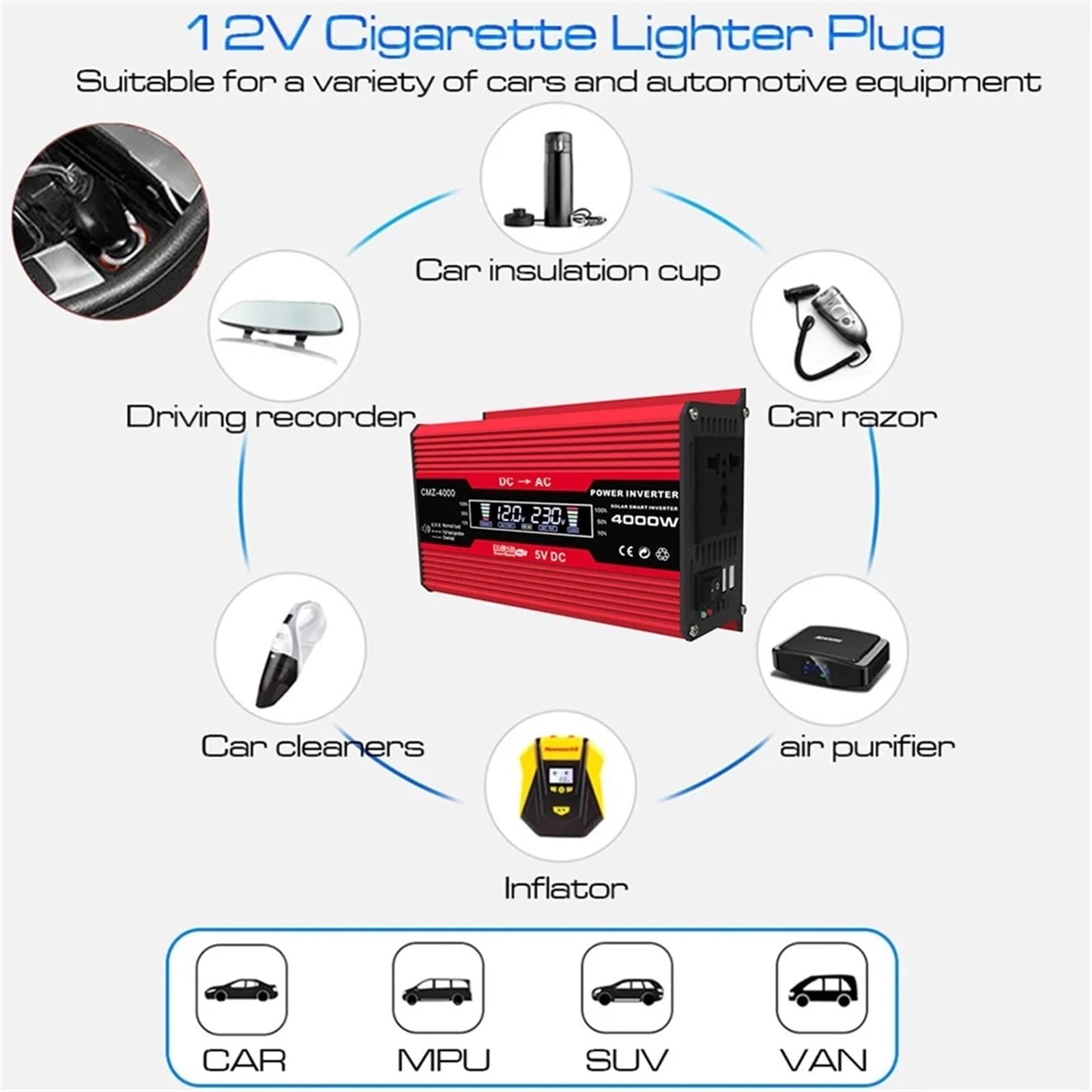 Inwertery, Przetwornica inwertera samochodowego 4000 W, transformator napięcia wyświetlacza 12 V, adapter samochodowy, zmodyfikowany konwerter ładowania fali sinusoidalnej(Black300W 12 to A)
