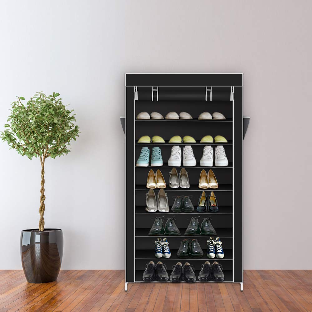 Shoe Rack 10 Tier Shoes Cabinet Storage Organizer Closet with Dustproof Nonwoven Fabric Cover, Store up to 45 Pairs of Shoes (Black Extra-Wide)