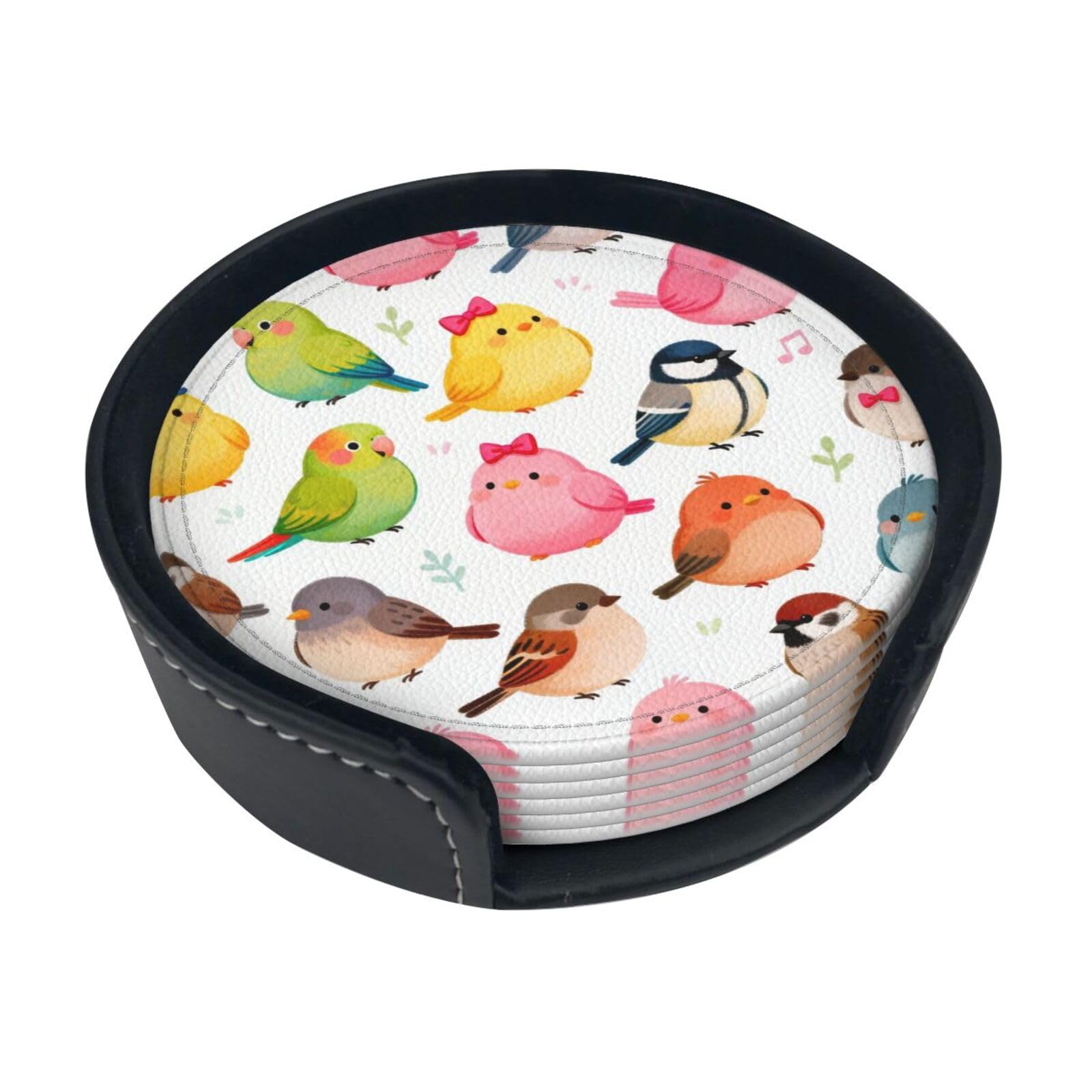 Cntdbu White Bird Party Leather Coasters Set Of 6-Pu Leather Drink Mats For Table, Heat Resistant Round Coasters With Holder