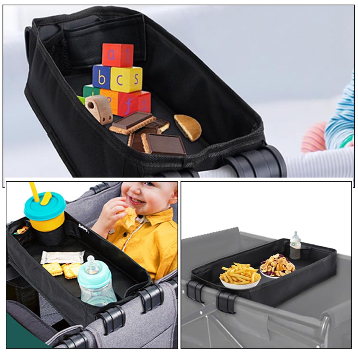 Kinderwagen Tablett Organizer Universell mit Becherhalter Schwarz | Canvas, Tragbar und Stabil, für Reiseeinsatz, Passender Einsatz für Babywagen und Buggy