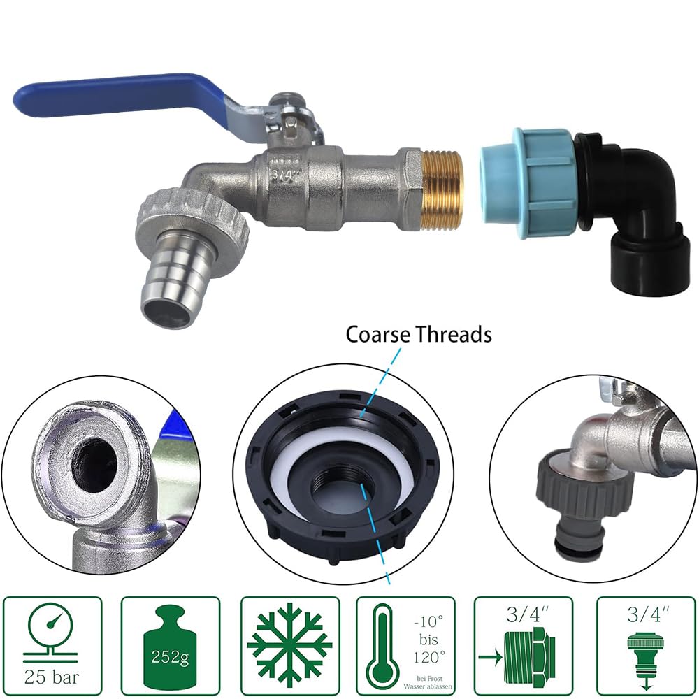 Rubinetto A Collo Di Cigno Da 3/4 Per IBC - Adattatore Con Rubinetto In Ottone Per Serbatoi Acqua Piovana 1000L - Filetto S60x6 - 2