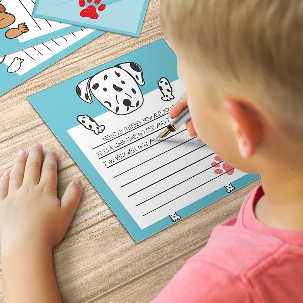 Juego de papelería, diseño de perro de dibujos animados, papelería kawaii, papel de escritura de doble cara con líneas, juego de papel de papelería para niños y sobres, 48 bonitos artículos de