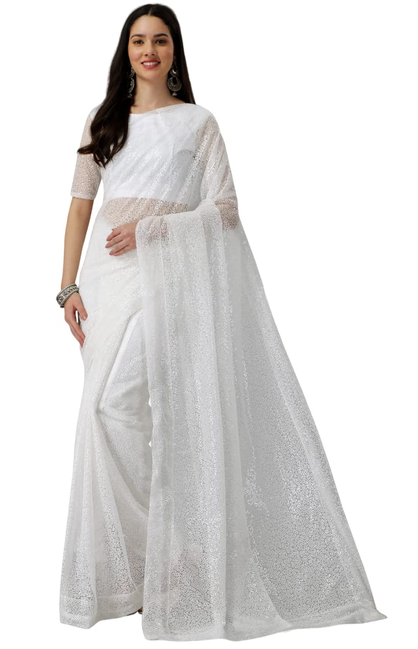 Ethnic Yard Women's Net Green Saree With Blouse Piece