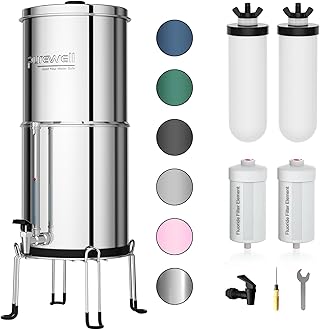 Purewell 8-Stage Gravity Fed Water Filter System, 2.25 Gallon Stainless Steel Countertop System with 4 Filters, Metal Water Level Spigot and Stand, Reduce Fluoride and Chlorine, PW-OBT-CF