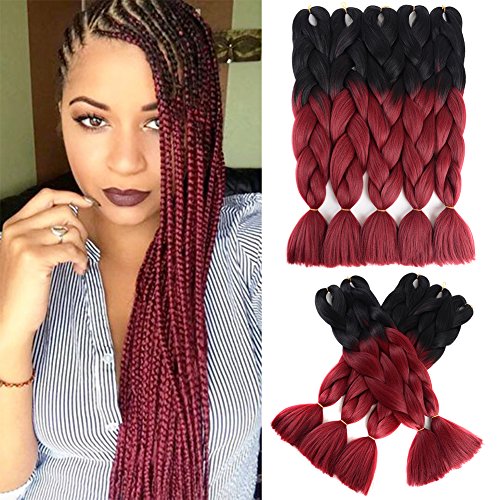 Ombre Braiding Hair Extension 5Pcs/Lot 24" High Temperature Kanekalon Synthetic Fiber Jumbo Braid Hair for Twist Two Tone (Black-Wine Red) LingXiu