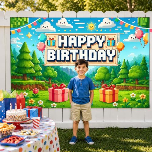 Image of Happy Birthday Banner Boy 5x3ft Birthday Sign Village Gaming Birthday Party Decorations Videogame Themed Banner Video Game Decorations Video Game Happy Birthday Backdrop for Boys