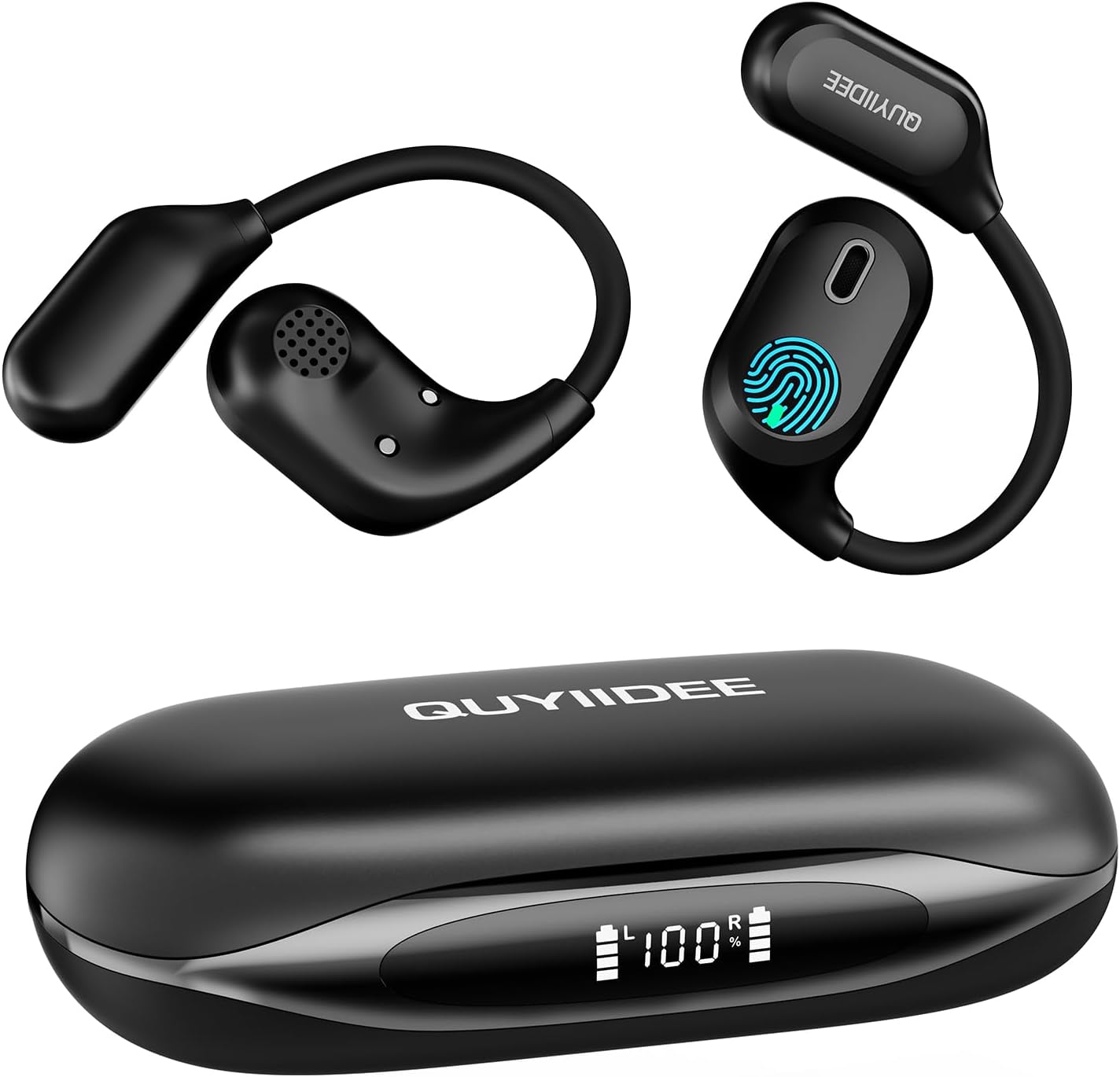 Open Ear Headphones, Bluetooth 5.4 Wireless Earbuds, 40H Playback, with LED Dgital Display, IP54 Waterproof Sports Headphones for Running, Cycling and Gym (Black)