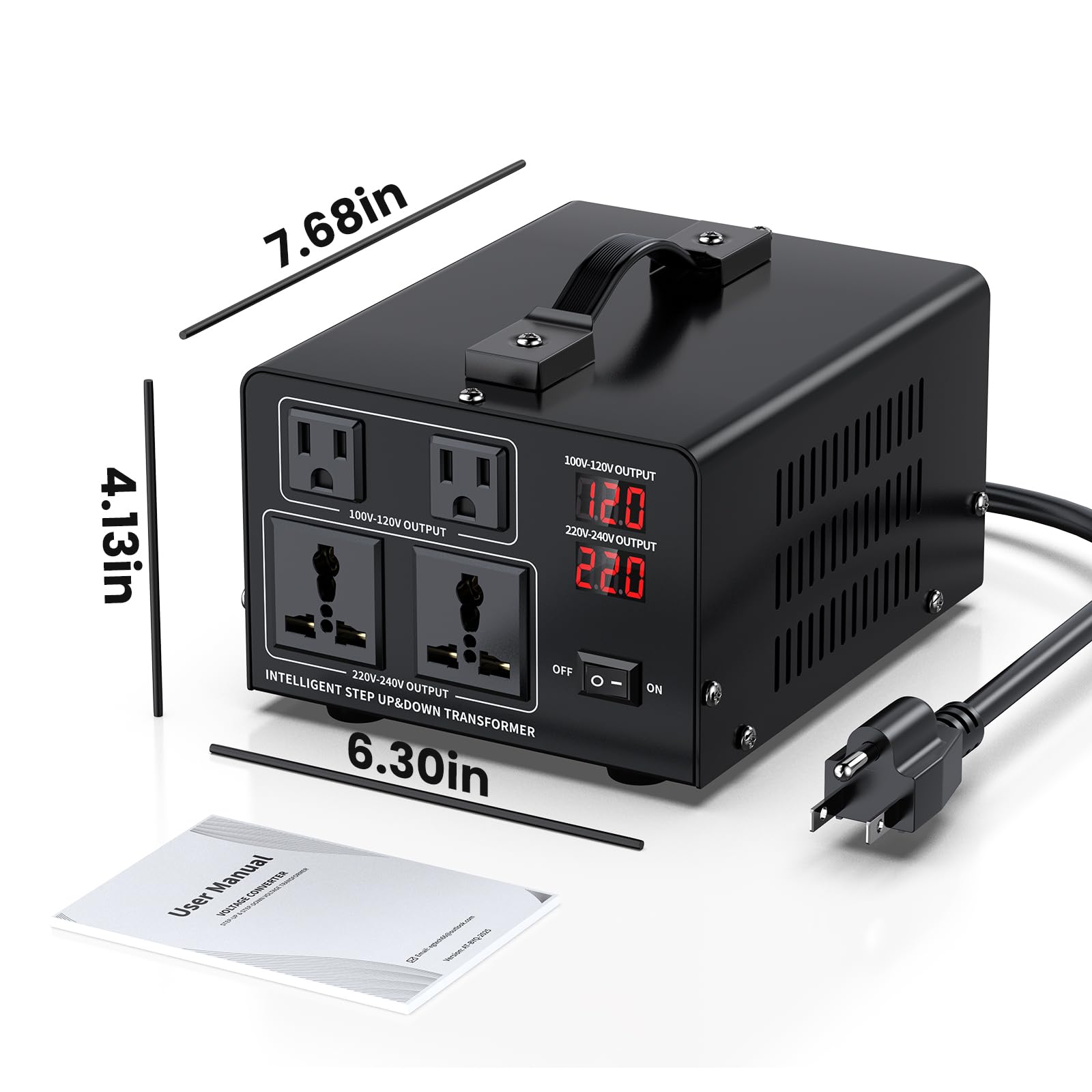 Convertidor de voltaje de 1000 W, transformador de 110 V/120 V a 220 V/240 V o reductor de 220 V a 110 V CA, protección de disyuntor, 2 enchufes de EE. UU., 2 enchufes universales, pantalla LCD