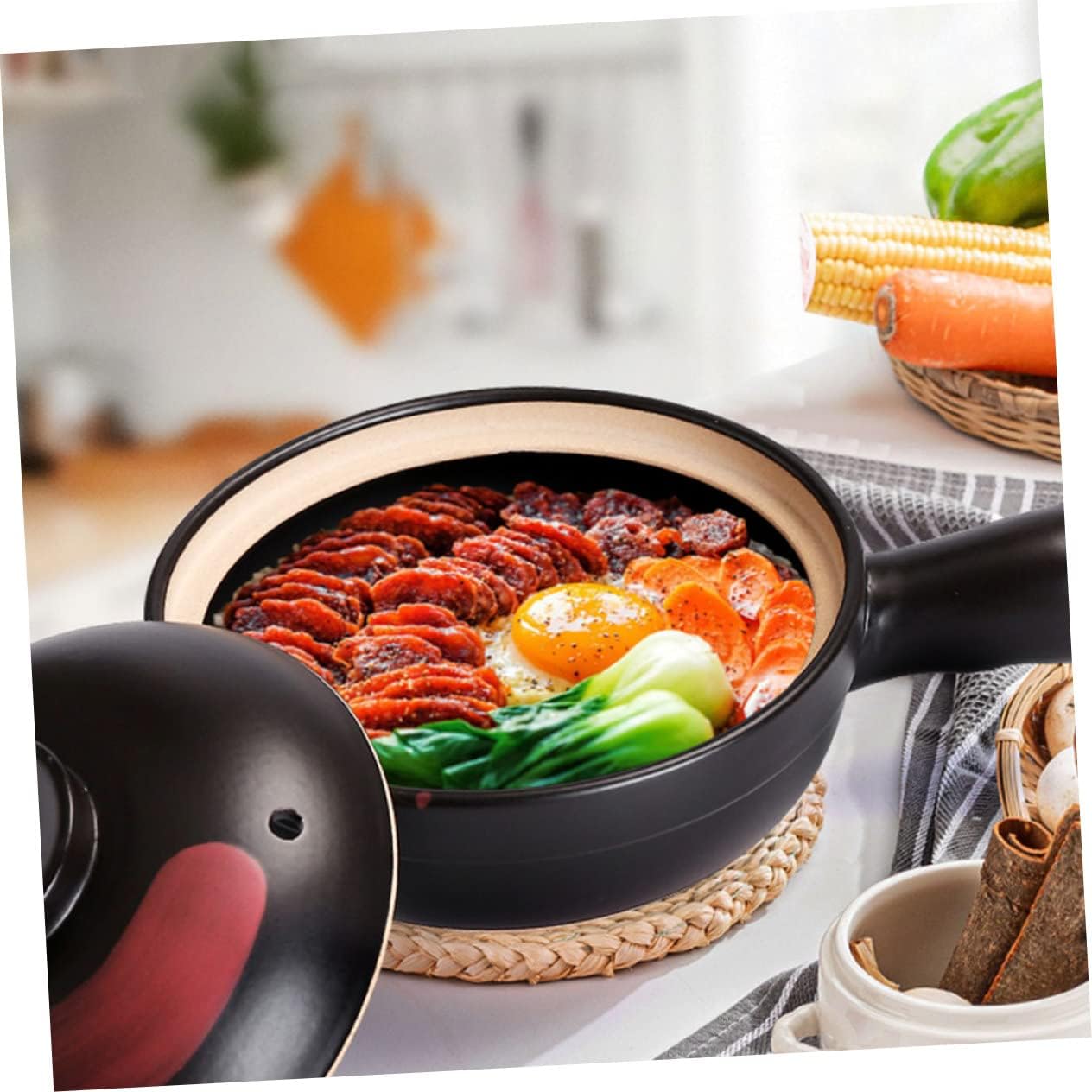 Kichvoe Large Black Clay Casserole Pot with Single Handle for Stew Soup Rice Cooking High Temperature Resistant Food Stew Pot with Flat Bottom for Even Heating for Family Meals and Garden