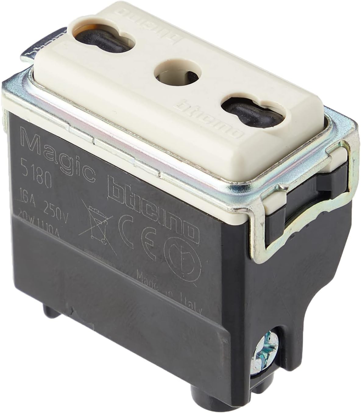 BTicino Presa Bipasso 10/16A Bivalente Serie Magic 5180 Bianco Lucido, Tecnopolimero, Doppio Standard Italiano 230V AC (Chiaro, Pezzi 10)