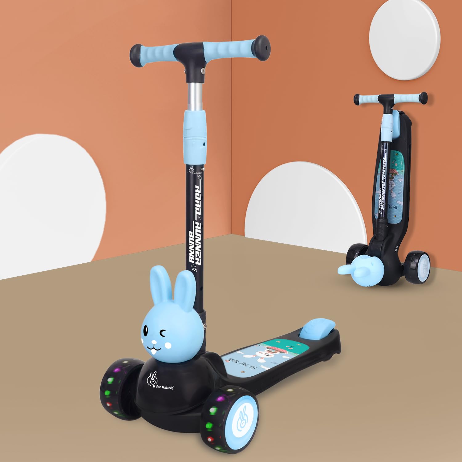 Road Runner Bunny Kids Scooter, 3 Level Adjustable Height, Smart Fold & PU LED Wheels Kick Scooter with Brake for 3+ Years Kids, Weight Capacity Upto 75kgs (Black Blue)